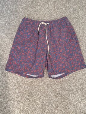 Fair Harbor Navy Swim Trunks with Red Floral Print